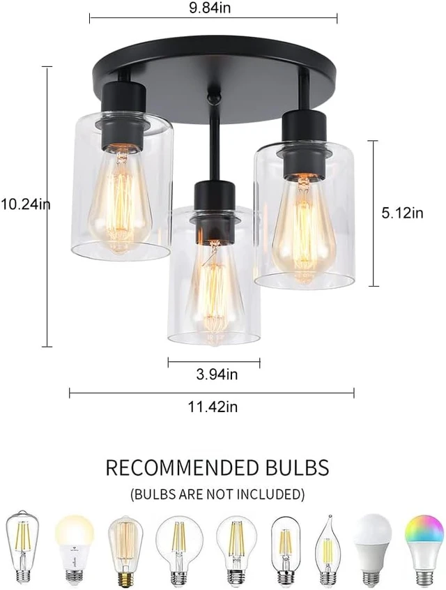 Alt view image 4 of 7 - 3-Light Industrial Farmhouse Black Matte Light Fixtures Ceiling Mount, with Clear Glass Shades Semi Flush Mount Ceiling Light, for Hallway Fixtures Kitchen, Foyer