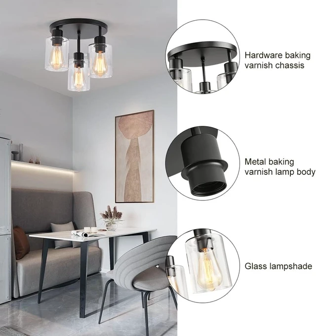 Alt view image 5 of 7 - 3-Light Industrial Farmhouse Black Matte Light Fixtures Ceiling Mount, with Clear Glass Shades Semi Flush Mount Ceiling Light, for Hallway Fixtures Kitchen, Foyer