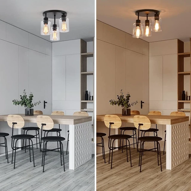 Alt view image 6 of 7 - 3-Light Industrial Farmhouse Black Matte Light Fixtures Ceiling Mount, with Clear Glass Shades Semi Flush Mount Ceiling Light, for Hallway Fixtures Kitchen, Foyer