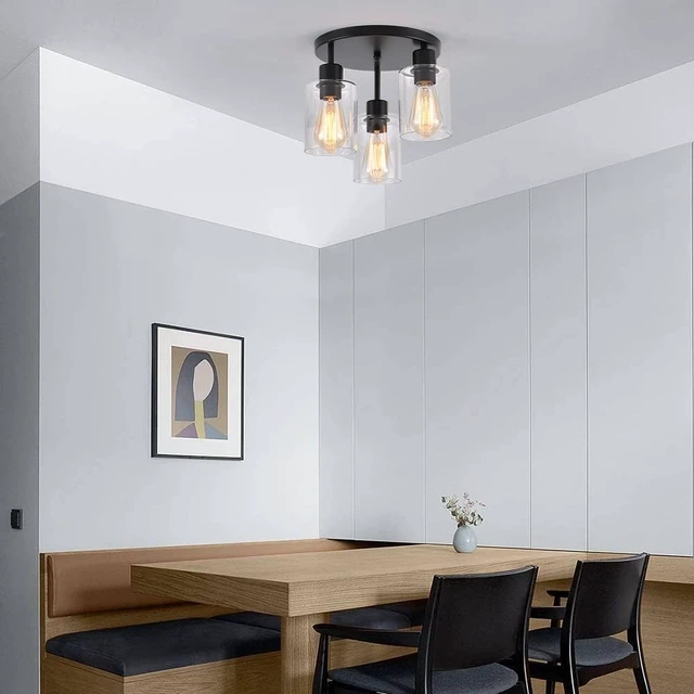 Alt view image 7 of 7 - 3-Light Industrial Farmhouse Black Matte Light Fixtures Ceiling Mount, with Clear Glass Shades Semi Flush Mount Ceiling Light, for Hallway Fixtures Kitchen, Foyer