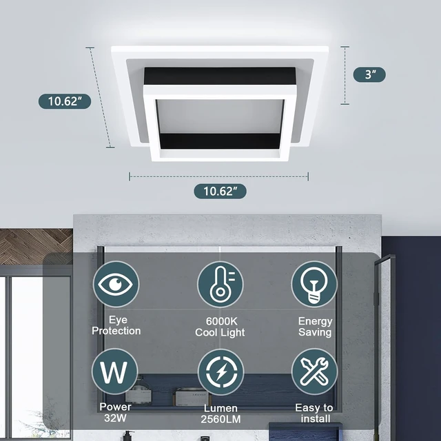 Alt view image 6 of 7 - EIDISUNY 32W Modern LED Ceiling Light, Small Flush Mount Light Fixture, 6500K Cold White Ceiling Lamp, Square Hallway Lighting Fixtures for Living Room Bedroom Bathroom Kitchen (White, Cold White)