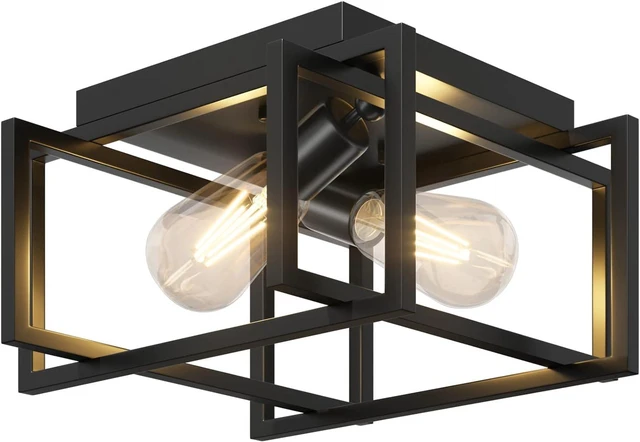Main image of 2-Light Flush Mount Ceiling Light Fixture, Industrial Black Metal Ceiling Light, Modern Rectangle Close to Ceiling Light for Hallway, Kitchen, Entryway