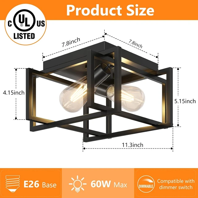 Alt view image 2 of 6 - 2-Light Flush Mount Ceiling Light Fixture, Industrial Black Metal Ceiling Light, Modern Rectangle Close to Ceiling Light for Hallway, Kitchen, Entryway