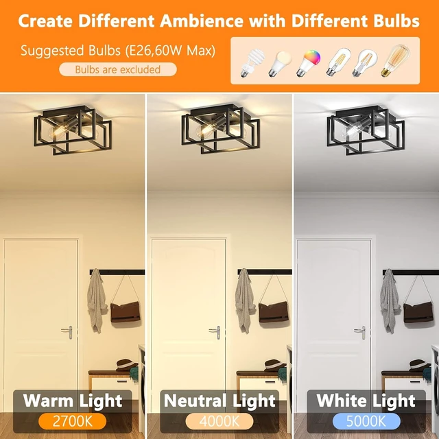Alt view image 3 of 6 - 2-Light Flush Mount Ceiling Light Fixture, Industrial Black Metal Ceiling Light, Modern Rectangle Close to Ceiling Light for Hallway, Kitchen, Entryway