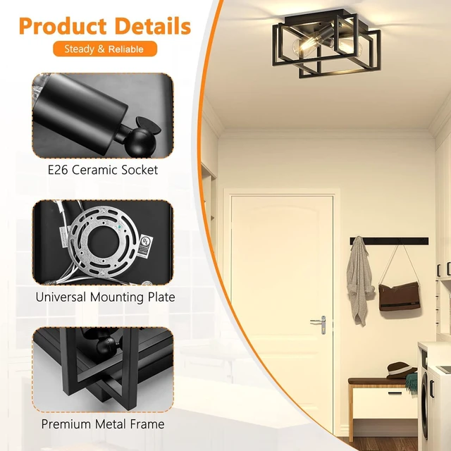 Alt view image 4 of 6 - 2-Light Flush Mount Ceiling Light Fixture, Industrial Black Metal Ceiling Light, Modern Rectangle Close to Ceiling Light for Hallway, Kitchen, Entryway