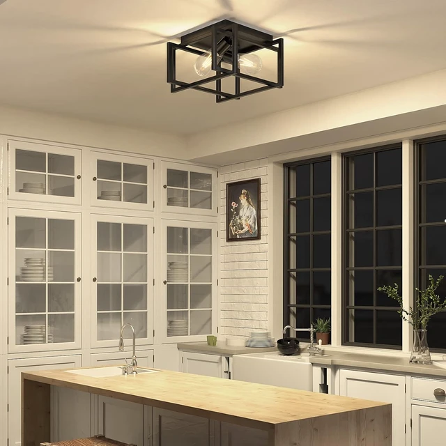 Alt view image 5 of 6 - 2-Light Flush Mount Ceiling Light Fixture, Industrial Black Metal Ceiling Light, Modern Rectangle Close to Ceiling Light for Hallway, Kitchen, Entryway