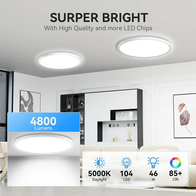 Alt view image 2 of 7 - WKONCLDY Two Pack 4700lm LED Flush Mount Ceiling Light, Super Slim 16 inch 5000K LED Ceiling Light for Bedroom, Living Room, Dining Room (White)