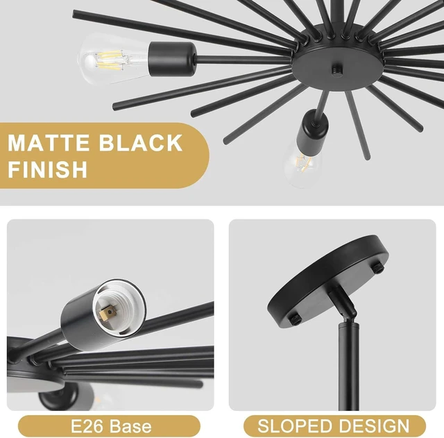 Alt view image 2 of 7 - Sputnik Ceiling Light Fixture, 27.5 Inch 5-Light Large Black Semi Flush Mount Light, Modern Farmhouse Sloped Ceiling Lamp for Kitchen Entryway Bedroom Living Room, E26