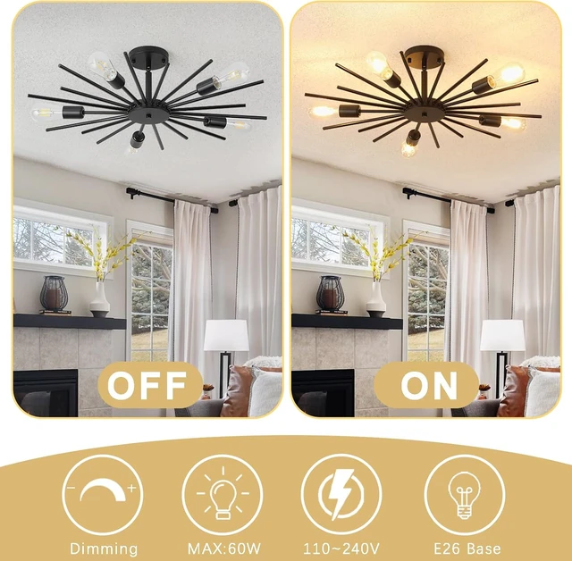 Alt view image 3 of 7 - Sputnik Ceiling Light Fixture, 27.5 Inch 5-Light Large Black Semi Flush Mount Light, Modern Farmhouse Sloped Ceiling Lamp for Kitchen Entryway Bedroom Living Room, E26