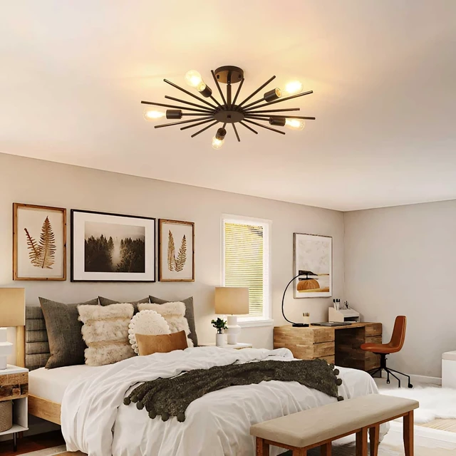 Alt view image 4 of 7 - Sputnik Ceiling Light Fixture, 27.5 Inch 5-Light Large Black Semi Flush Mount Light, Modern Farmhouse Sloped Ceiling Lamp for Kitchen Entryway Bedroom Living Room, E26