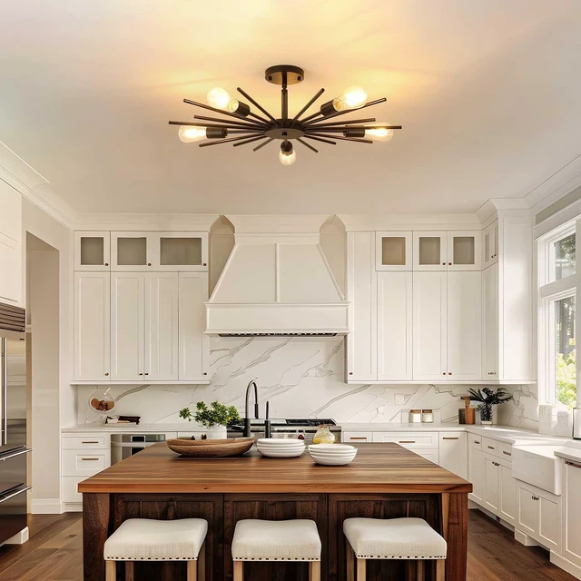 Alt view image 5 of 7 - Sputnik Ceiling Light Fixture, 27.5 Inch 5-Light Large Black Semi Flush Mount Light, Modern Farmhouse Sloped Ceiling Lamp for Kitchen Entryway Bedroom Living Room, E26