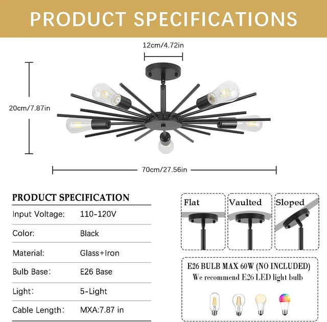 Alt view image 7 of 7 - Sputnik Ceiling Light Fixture, 27.5 Inch 5-Light Large Black Semi Flush Mount Light, Modern Farmhouse Sloped Ceiling Lamp for Kitchen Entryway Bedroom Living Room, E26