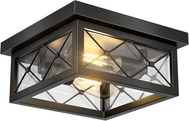 Main image of Asnxcju Farmhouse Light Fixtures Ceiling Mount, 2-Light Black Flush Mount Ceiling Light with Clear Glass Shade, Metal Cage Square Close to Ceiling Lamp for Bathroom Kitchen Porch (Bulbs Not Included)