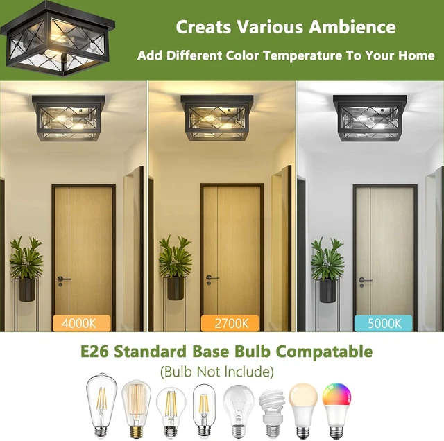 Alt view image 2 of 7 - Asnxcju Farmhouse Light Fixtures Ceiling Mount, 2-Light Black Flush Mount Ceiling Light with Clear Glass Shade, Metal Cage Square Close to Ceiling Lamp for Bathroom Kitchen Porch (Bulbs Not Included)