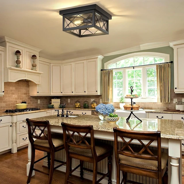 Alt view image 3 of 7 - Asnxcju Farmhouse Light Fixtures Ceiling Mount, 2-Light Black Flush Mount Ceiling Light with Clear Glass Shade, Metal Cage Square Close to Ceiling Lamp for Bathroom Kitchen Porch (Bulbs Not Included)