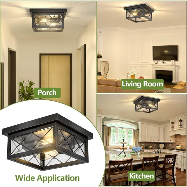 Alt view image 5 of 7 - Asnxcju Farmhouse Light Fixtures Ceiling Mount, 2-Light Black Flush Mount Ceiling Light with Clear Glass Shade, Metal Cage Square Close to Ceiling Lamp for Bathroom Kitchen Porch (Bulbs Not Included)