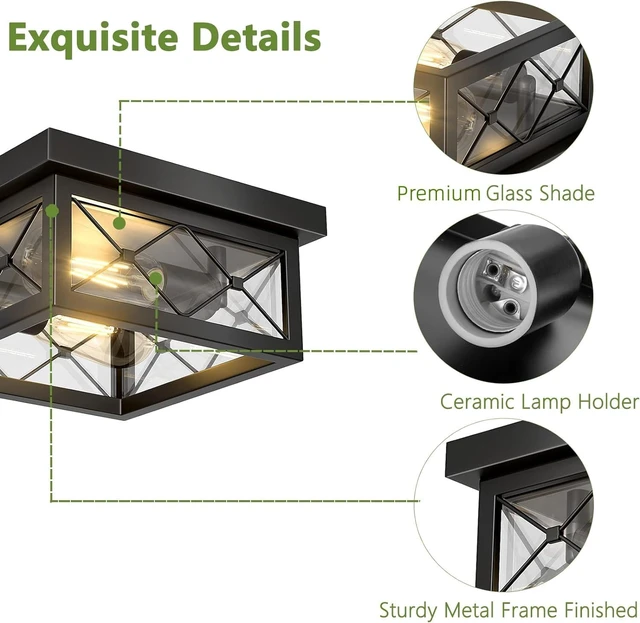 Alt view image 7 of 7 - Asnxcju Farmhouse Light Fixtures Ceiling Mount, 2-Light Black Flush Mount Ceiling Light with Clear Glass Shade, Metal Cage Square Close to Ceiling Lamp for Bathroom Kitchen Porch (Bulbs Not Included)
