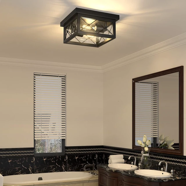 Alt view image 6 of 7 - Asnxcju Farmhouse Light Fixtures Ceiling Mount, 2-Light Black Flush Mount Ceiling Light with Clear Glass Shade, Metal Cage Square Close to Ceiling Lamp for Bathroom Kitchen Porch (Bulbs Not Included)