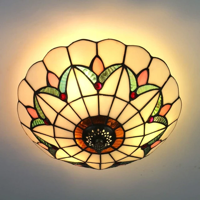Alt view image 3 of 7 - Tiffany Style Ceiling Light Vintage Stained Glass Flush Mount Ceiling Lighting Fixtures Lamps (12 Inch W)