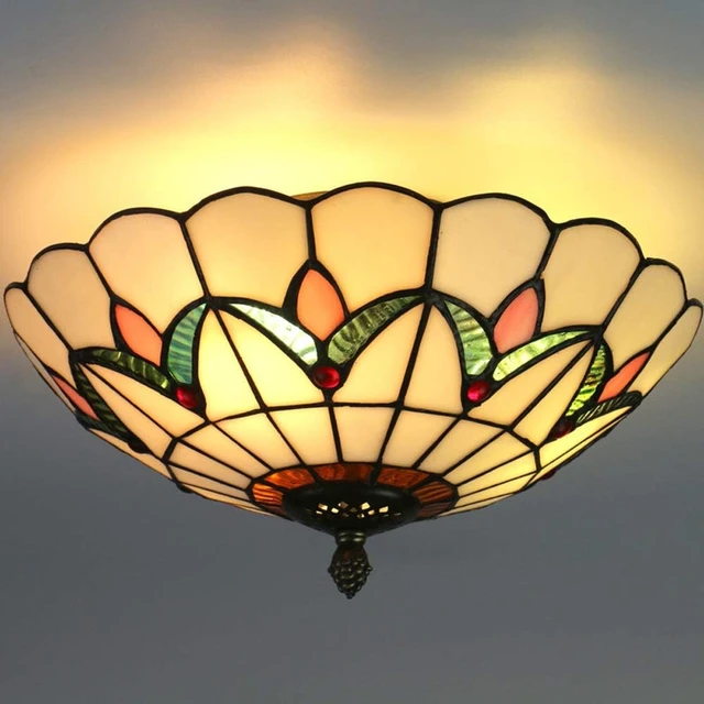Alt view image 5 of 7 - Tiffany Style Ceiling Light Vintage Stained Glass Flush Mount Ceiling Lighting Fixtures Lamps (12 Inch W)