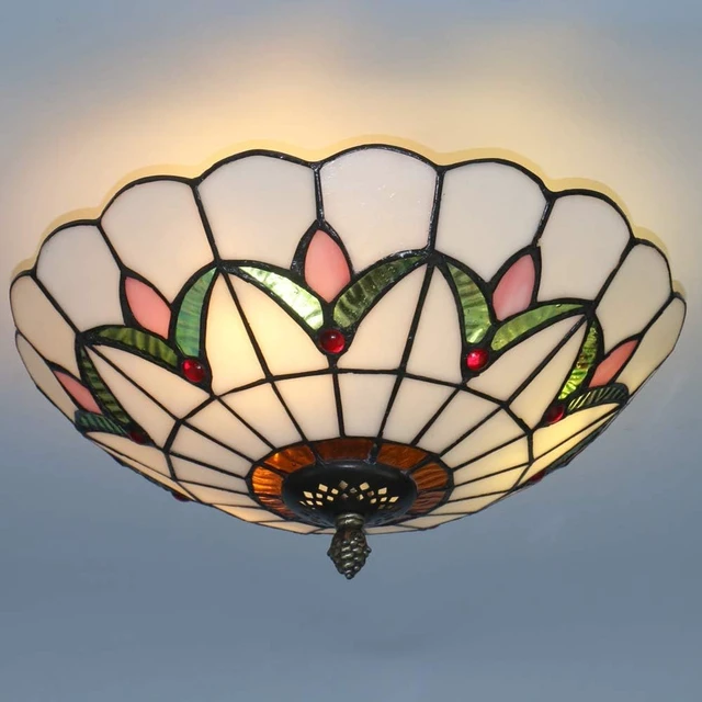 Alt view image 6 of 7 - Tiffany Style Ceiling Light Vintage Stained Glass Flush Mount Ceiling Lighting Fixtures Lamps (12 Inch W)