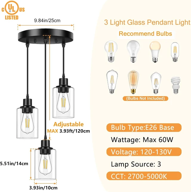Alt view image 2 of 7 - Licperron 3-Light Pendant Light Fixtures, Black Pendant Lights Kitchen Island, Adjustable Pendant Lighting with Clear Glass Shade, Modern Hanging Light Fixtures for Dining Room, Hallway, Living Room