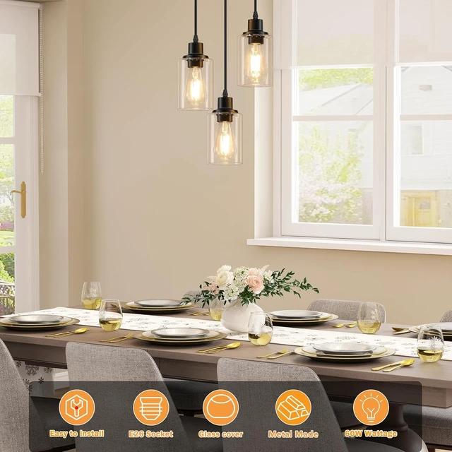 Alt view image 3 of 7 - Licperron 3-Light Pendant Light Fixtures, Black Pendant Lights Kitchen Island, Adjustable Pendant Lighting with Clear Glass Shade, Modern Hanging Light Fixtures for Dining Room, Hallway, Living Room