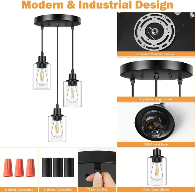 Alt view image 7 of 7 - Licperron 3-Light Pendant Light Fixtures, Black Pendant Lights Kitchen Island, Adjustable Pendant Lighting with Clear Glass Shade, Modern Hanging Light Fixtures for Dining Room, Hallway, Living Room