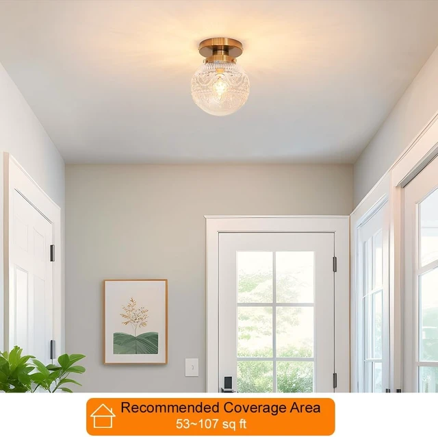 Alt view image 2 of 7 - Daunton Small Semi Flush Mount Ceiling Light, Modern Globe Clear Glass Ceiling Light Fixture, Vintage Brass Gold Hallway Light Fixtures for Kitchen, Entryway, Bathroom, Closet