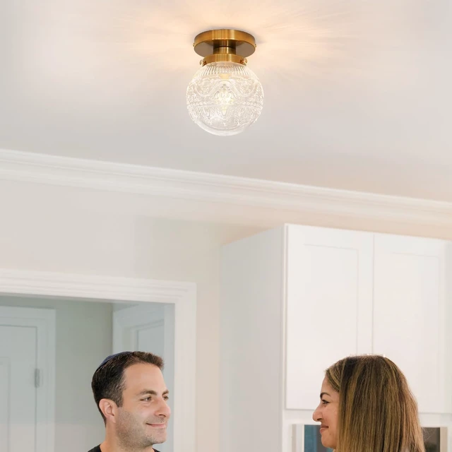 Alt view image 3 of 7 - Daunton Small Semi Flush Mount Ceiling Light, Modern Globe Clear Glass Ceiling Light Fixture, Vintage Brass Gold Hallway Light Fixtures for Kitchen, Entryway, Bathroom, Closet