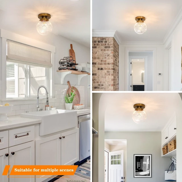 Alt view image 4 of 7 - Daunton Small Semi Flush Mount Ceiling Light, Modern Globe Clear Glass Ceiling Light Fixture, Vintage Brass Gold Hallway Light Fixtures for Kitchen, Entryway, Bathroom, Closet