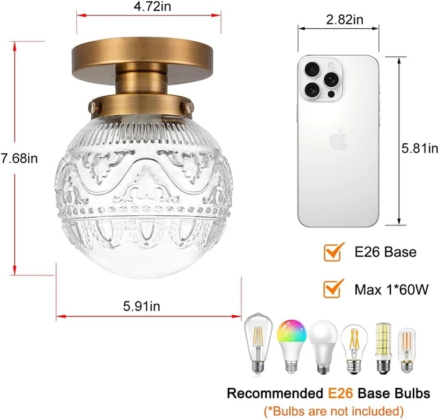Alt view image 6 of 7 - Daunton Small Semi Flush Mount Ceiling Light, Modern Globe Clear Glass Ceiling Light Fixture, Vintage Brass Gold Hallway Light Fixtures for Kitchen, Entryway, Bathroom, Closet
