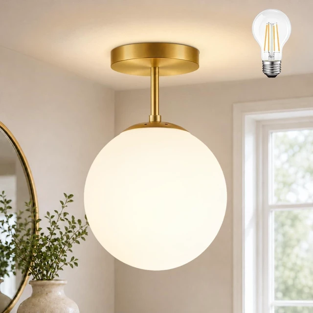 Main image of Globe Semi Flush Mount Ceiling Light Fixture Globe Ceiling Light Milk Glass Matte Gold Finish Contemporary Mid Century Modern Lighting for Hallway Living Room Kitchen Bedroom Storage(Bulb Included)