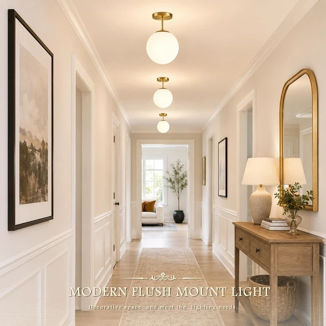Alt view image 3 of 7 - Globe Semi Flush Mount Ceiling Light Fixture Globe Ceiling Light Milk Glass Matte Gold Finish Contemporary Mid Century Modern Lighting for Hallway Living Room Kitchen Bedroom Storage(Bulb Included)