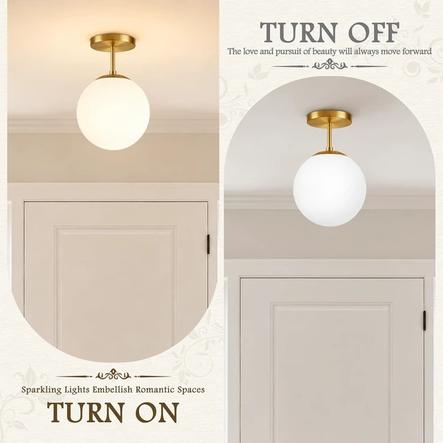 Alt view image 5 of 7 - Globe Semi Flush Mount Ceiling Light Fixture Globe Ceiling Light Milk Glass Matte Gold Finish Contemporary Mid Century Modern Lighting for Hallway Living Room Kitchen Bedroom Storage(Bulb Included)