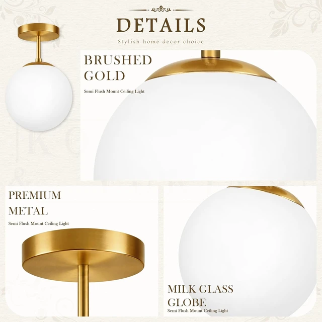 Alt view image 6 of 7 - Globe Semi Flush Mount Ceiling Light Fixture Globe Ceiling Light Milk Glass Matte Gold Finish Contemporary Mid Century Modern Lighting for Hallway Living Room Kitchen Bedroom Storage(Bulb Included)