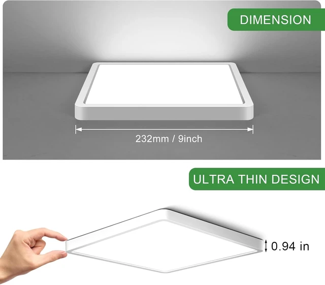 Alt view image 2 of 7 - 9Inch 18W Square LED Ceiling Light Fixtures Flush Mount, 5000K Daylight White LED Ceiling Lamp, Surface Mount Modern Ceiling Lights, Slim Flat Panel Lighting for Bedroom, Kitchen, Bathroom Etc.