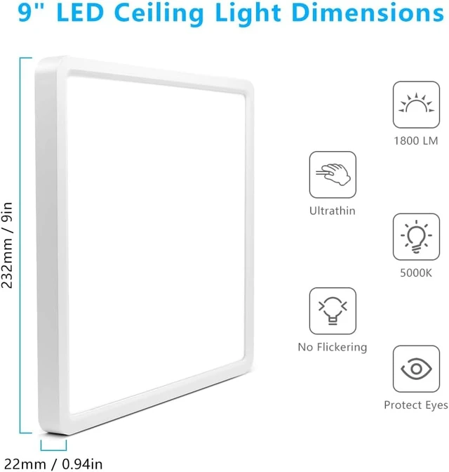 Alt view image 6 of 7 - 9Inch 18W Square LED Ceiling Light Fixtures Flush Mount, 5000K Daylight White LED Ceiling Lamp, Surface Mount Modern Ceiling Lights, Slim Flat Panel Lighting for Bedroom, Kitchen, Bathroom Etc.