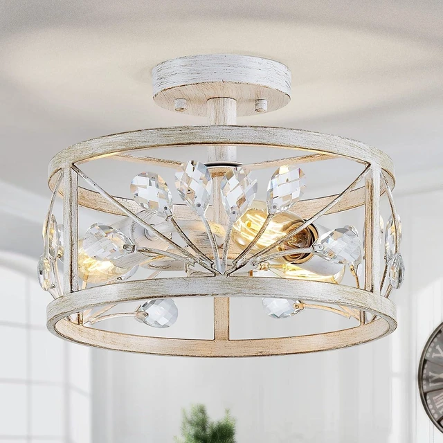 Main image of WUZUPS Crystal Leaf Chandelier 3-Light Vintage Farmhouse Industrial Semi-Flush Mount Ceiling Light Lighting Fixture for Foyer Hallway Storage Room Kitchen Bathroom, H 8.5" W 12", Antique White