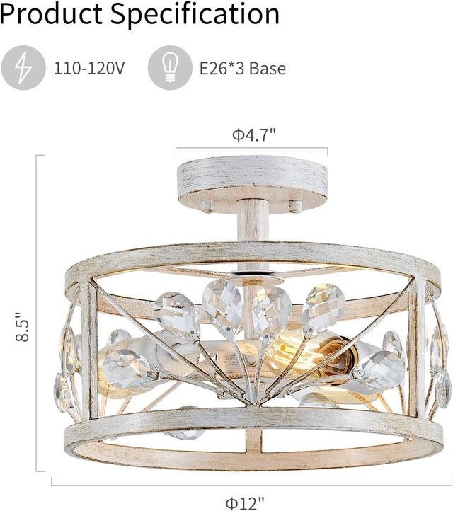 Alt view image 2 of 7 - WUZUPS Crystal Leaf Chandelier 3-Light Vintage Farmhouse Industrial Semi-Flush Mount Ceiling Light Lighting Fixture for Foyer Hallway Storage Room Kitchen Bathroom, H 8.5" W 12", Antique White