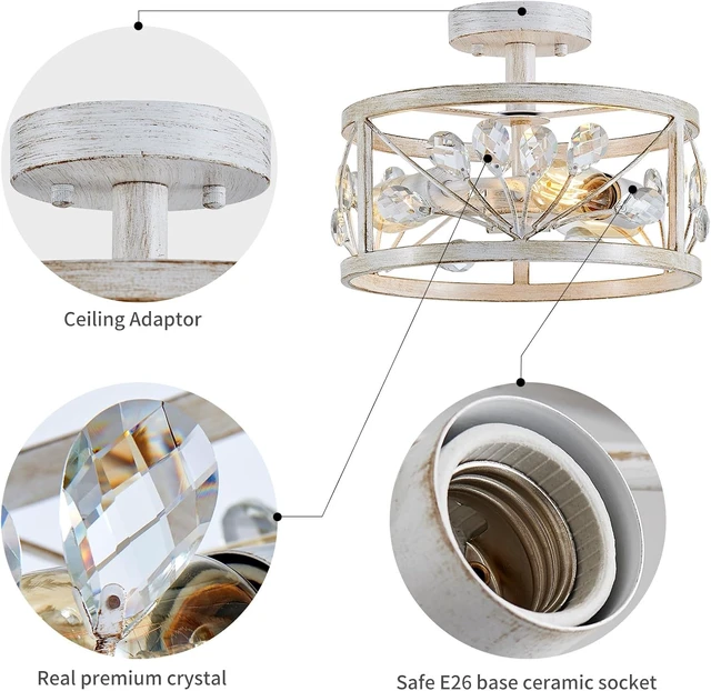 Alt view image 3 of 7 - WUZUPS Crystal Leaf Chandelier 3-Light Vintage Farmhouse Industrial Semi-Flush Mount Ceiling Light Lighting Fixture for Foyer Hallway Storage Room Kitchen Bathroom, H 8.5" W 12", Antique White