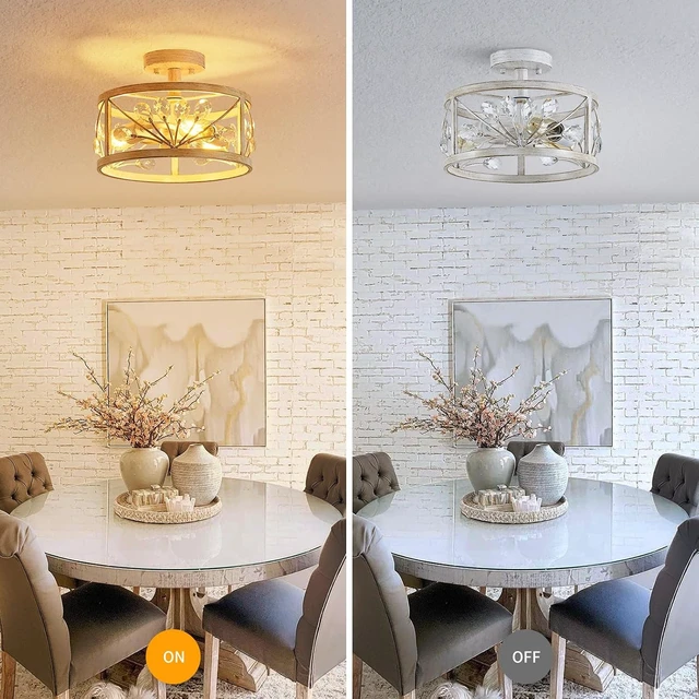Alt view image 4 of 7 - WUZUPS Crystal Leaf Chandelier 3-Light Vintage Farmhouse Industrial Semi-Flush Mount Ceiling Light Lighting Fixture for Foyer Hallway Storage Room Kitchen Bathroom, H 8.5" W 12", Antique White