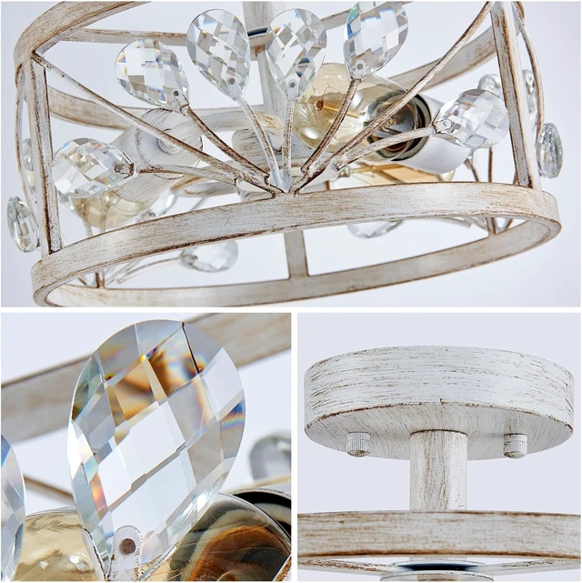 Alt view image 5 of 7 - WUZUPS Crystal Leaf Chandelier 3-Light Vintage Farmhouse Industrial Semi-Flush Mount Ceiling Light Lighting Fixture for Foyer Hallway Storage Room Kitchen Bathroom, H 8.5" W 12", Antique White