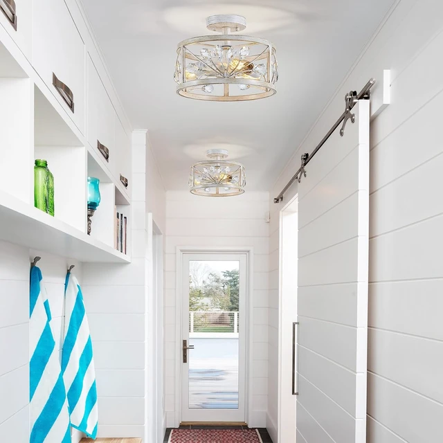 Alt view image 6 of 7 - WUZUPS Crystal Leaf Chandelier 3-Light Vintage Farmhouse Industrial Semi-Flush Mount Ceiling Light Lighting Fixture for Foyer Hallway Storage Room Kitchen Bathroom, H 8.5" W 12", Antique White