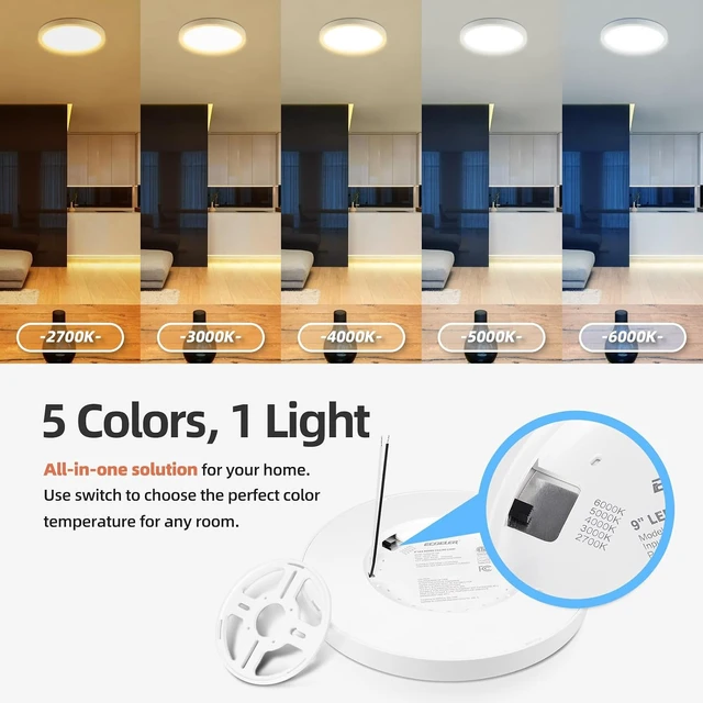 Alt view image 3 of 7 - ECOELER 9 inch LED Ceiling Light Fixture, Adjustable Color Temperature (2700/3000/4000/5000/6000K), 24W 1800Lm Flush Mount Light for Kitchen, Stairwell, Porch, Basement - 2 Pack