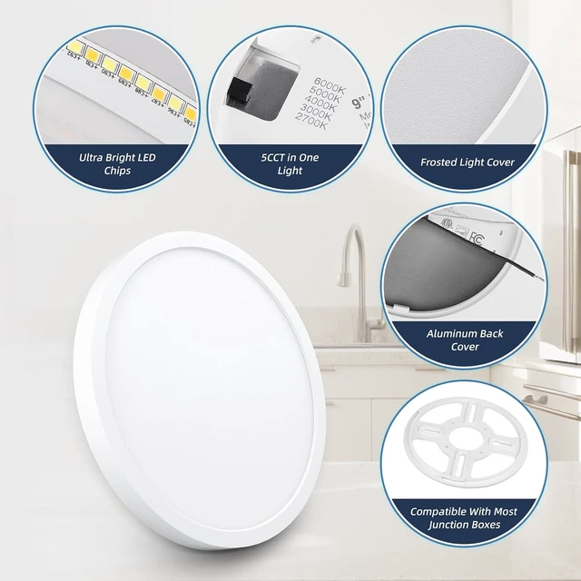 Alt view image 6 of 7 - ECOELER 9 inch LED Ceiling Light Fixture, Adjustable Color Temperature (2700/3000/4000/5000/6000K), 24W 1800Lm Flush Mount Light for Kitchen, Stairwell, Porch, Basement - 2 Pack