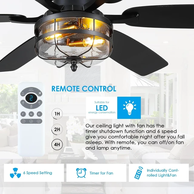 Alt view image 5 of 7 - Hounberi 52 Inch Farmhouse Ceiling Fan with Light and Remote, Seeded Glass