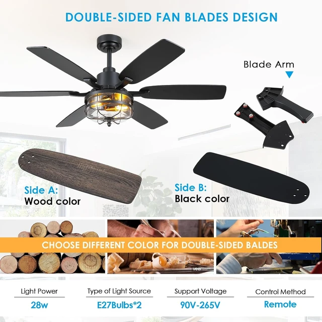 Alt view image 6 of 7 - Hounberi 52 Inch Farmhouse Ceiling Fan with Light and Remote, Seeded Glass