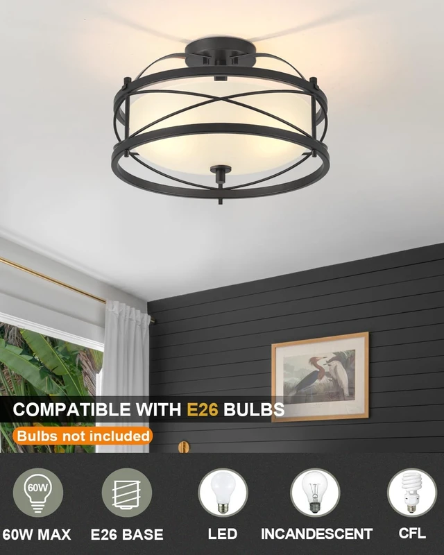 Alt view image 2 of 7 - Entryway Drum Light Fixtures, Semi-Flush Mount Rustic Ceiling Light for Hallway Living Room Bedroom Kitchen (Black)