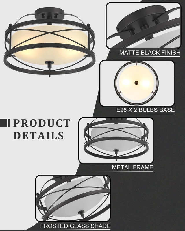 Alt view image 3 of 7 - Entryway Drum Light Fixtures, Semi-Flush Mount Rustic Ceiling Light for Hallway Living Room Bedroom Kitchen (Black)